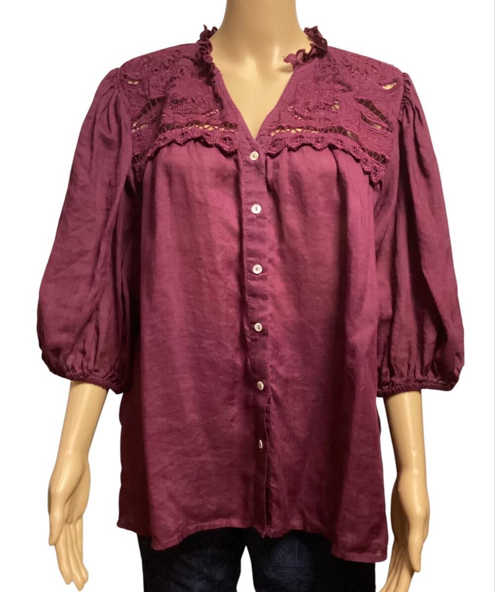 Sundance Plum Linen Blouse Lace Yoke Ruffle Collar Puff Sleeve Boho Top XL